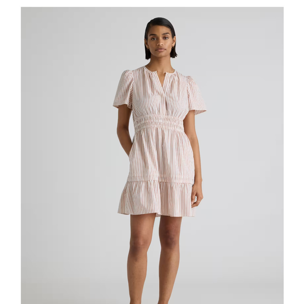 New Quince 100% Organic Cotton Poplin Tiered Mini Dress Beige/Brown Stripe Sz L